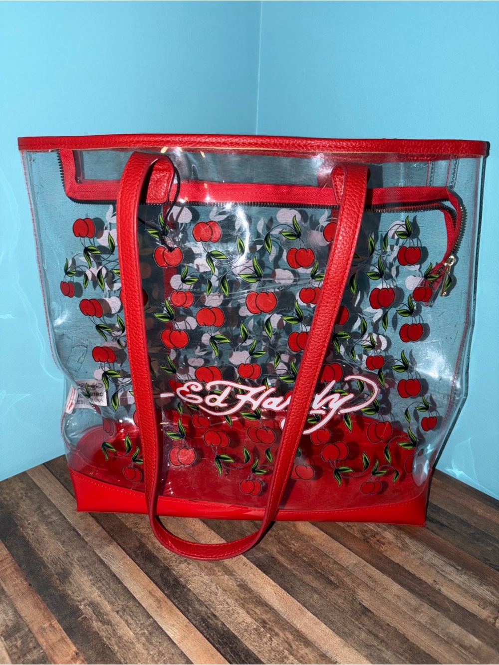 Ed Hardy Red Clear Cherry Print Tote
